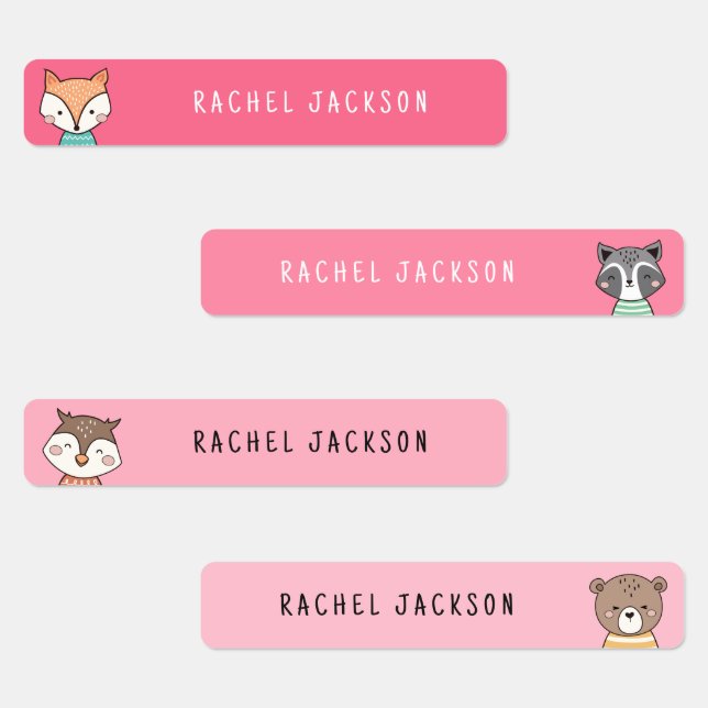 Cute woodland animals pink kids name labels (Group)