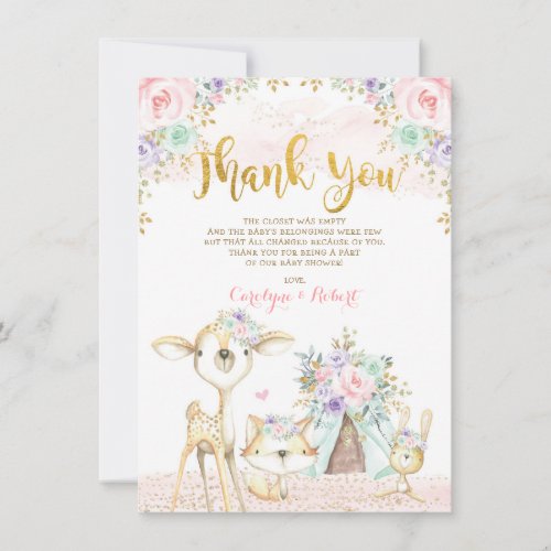 Cute Woodland Animals Pink Mint Gold Floral Thank You Card