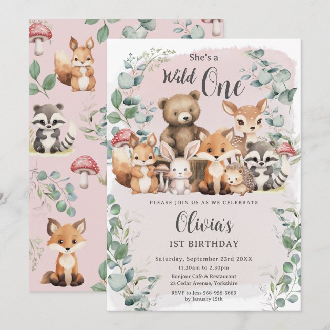 Cute Woodland Animals Pink Wild One 1st Birthday Invitation (Front/Back)