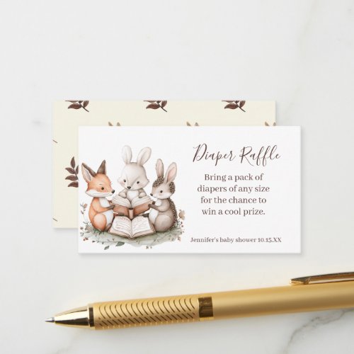 Cute Woodland Animals Reading a Diaper Raffle Enclosure Card