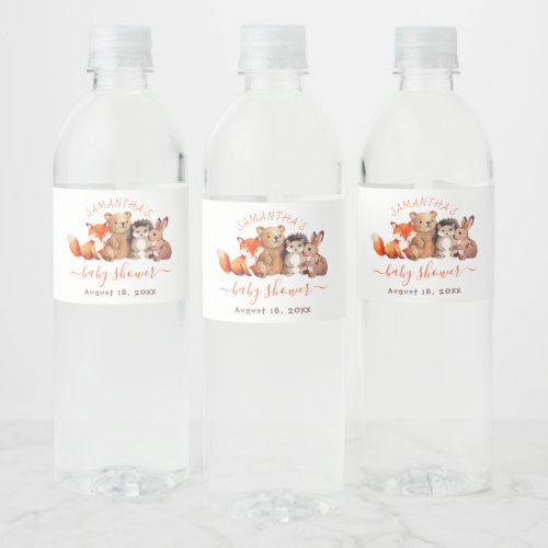 Cute Woodland Animals Red Handwriting Baby Shower Water Bottle Label