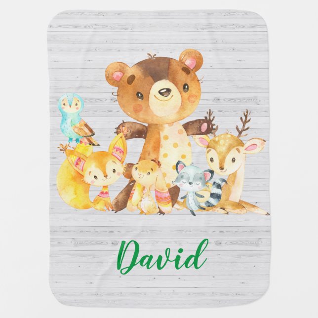Cute Woodland Animals Rustic Boho Forest Boy Baby Blanket (Front)