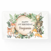Cute Woodland Animals Rustic Greenery 1st Birthday Banner