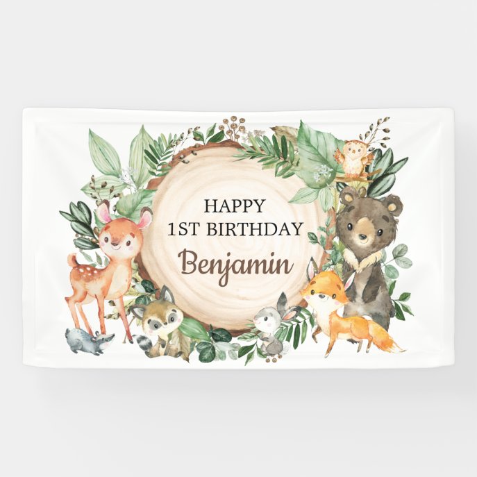 Cute Woodland Animals Rustic Greenery 1st Birthday Banner
