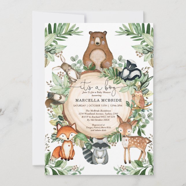 Cute Woodland Animals Rustic Greenery Baby Shower Invitation (Front)