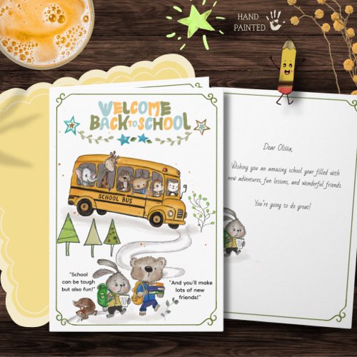 Cute Woodland Animals School Bus Back to School  Holiday Card