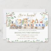 Cute Woodland Animals Train Greenery Birthday  Invitation (Front)