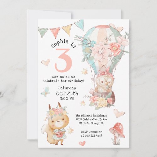 Cute Woodland Animals Watercolor Birthday for Girl Invitation