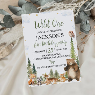 Cute Woodland Animals Wild One 1st Birthday Invitation