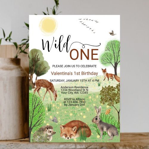 Cute Woodland Animals Wild One First 1st Birthday Invitation