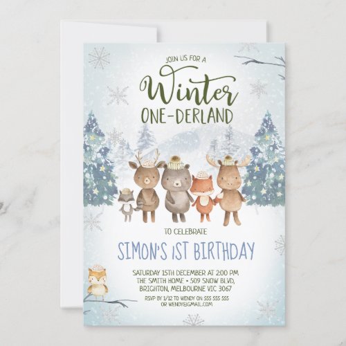 Cute Woodland Animals Winter Onederland Birthday Invitation