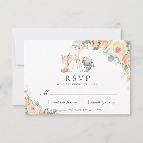 Cute Woodland Animals Yellow Floral Greenery  RSVP Card
