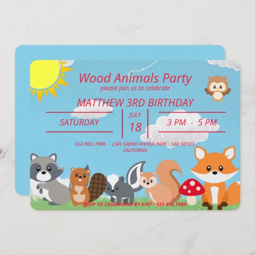 Cute Woodland Animals Yellow Sun  Invitation