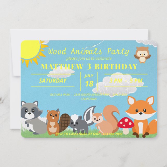 Cute Woodland Animals Yellow Sun White Clouds Invitation (Front)