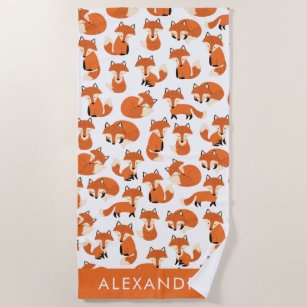 Cute Woodland Autumn Forest Fox Pattern with Name Beach Towel