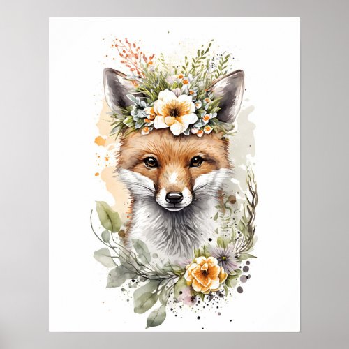 Cute woodland baby animal Floral fox Girl nursery Poster