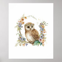 Cute woodland baby animal Floral owl nursery Poster