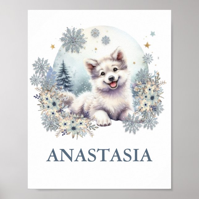 Cute woodland baby animal wolf dog winter theme poster (Front)