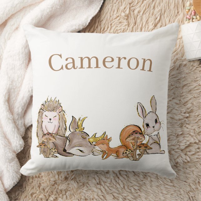 Cute Woodland Baby Animals Custom Name Throw Pillow (Blanket)