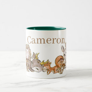 Cute Woodland Baby Animals Custom Name Two-Tone Coffee Mug