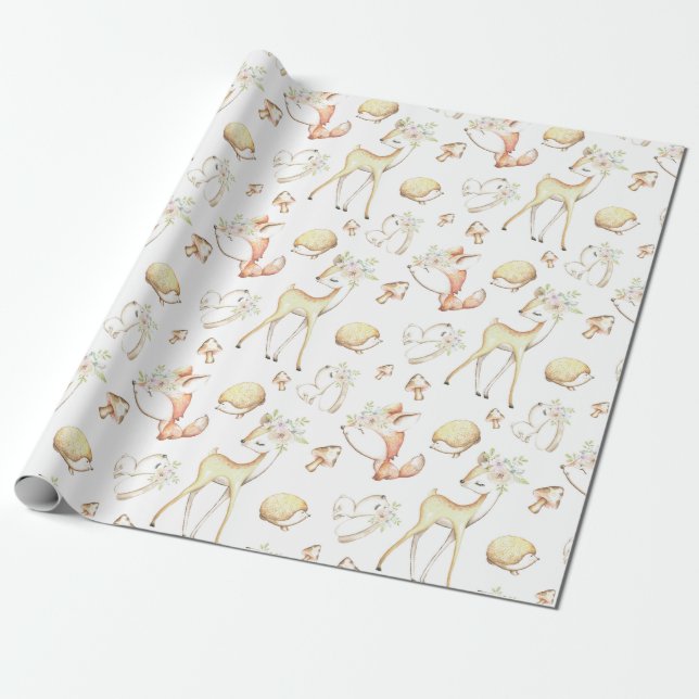 Cute Woodland Baby Animals Deer Bunny Fox Hedgehog Wrapping Paper (Unrolled)