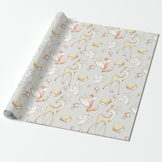 Cute Woodland Baby Animals Deer Bunny Fox Hedgehog Wrapping Paper (Unrolled)
