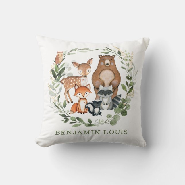 Cute Woodland Baby Animals Greenery Boy Nursery Throw Pillow (Front)