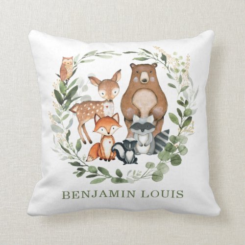 Cute Woodland Baby Animals Greenery Boy Nursery Throw Pillow