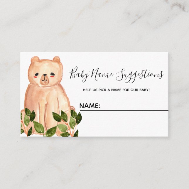 Cute woodland baby bear name suggestion card (Front)