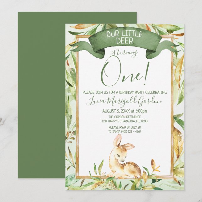 Cute Woodland Baby Deer First Birthday Party Invitation (Front/Back)