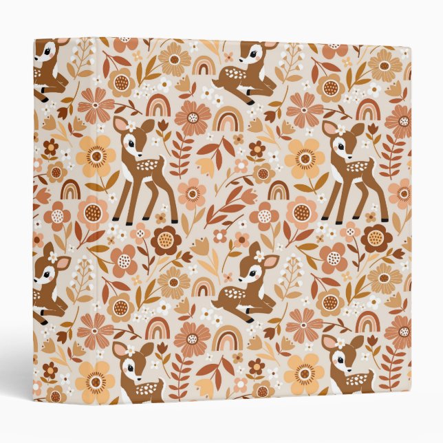 Cute Woodland Baby Deer Floral Pattern 3 Ring Binder (Front/Spine)