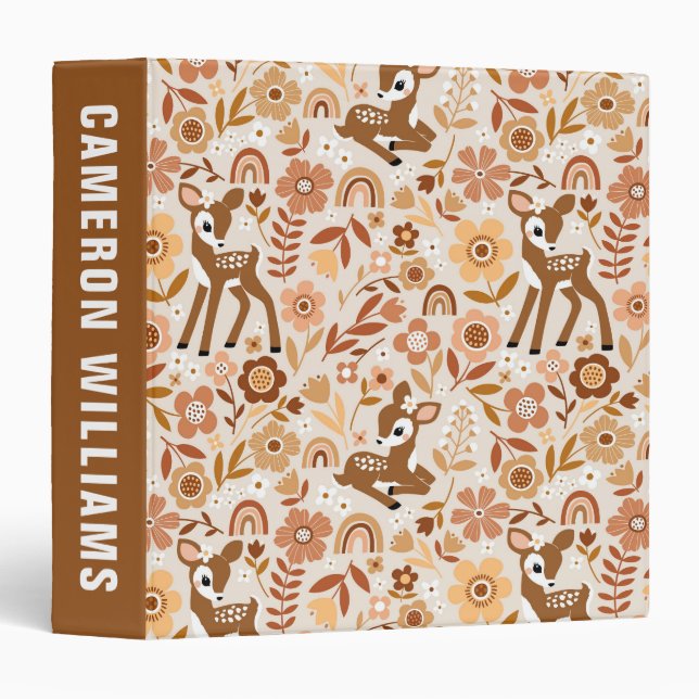 Cute Woodland Baby Deer Floral Pattern 3 Ring Binder (Front/Spine)