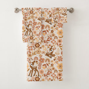 Cute Woodland Baby Deer Floral Pattern Bath Towel Set