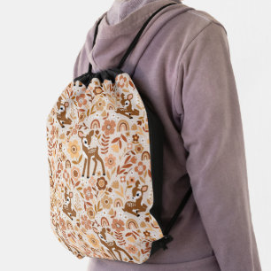Cute Woodland Baby Deer Floral Pattern Drawstring Bag