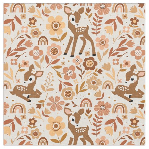 Cute Woodland Baby Deer Floral Pattern Fabric
