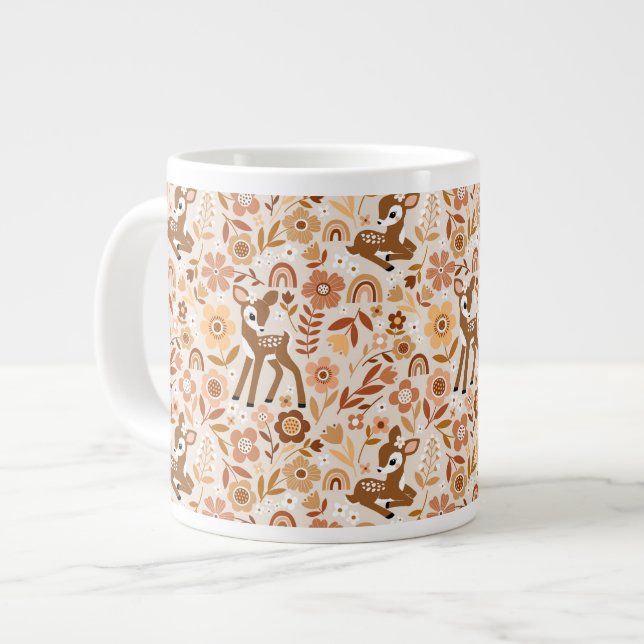 Cute Woodland Baby Deer Floral Pattern Giant Coffee Mug (Front Left)