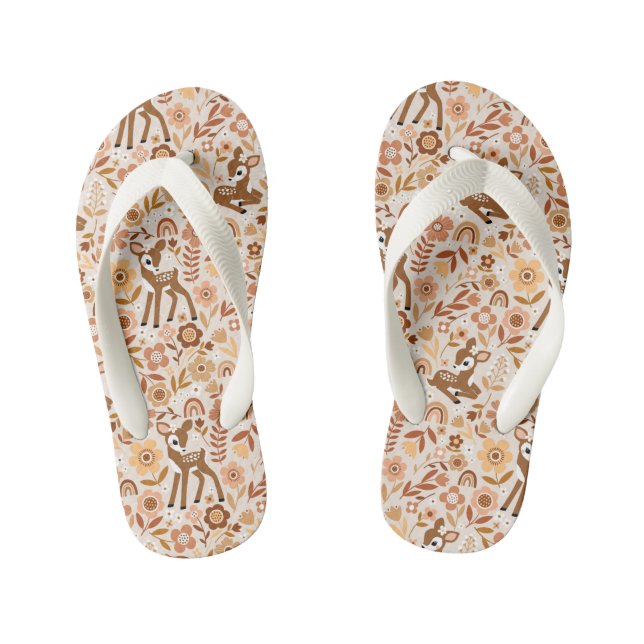 Cute Woodland Baby Deer Floral Pattern Kid's Flip Flops (Footbed)