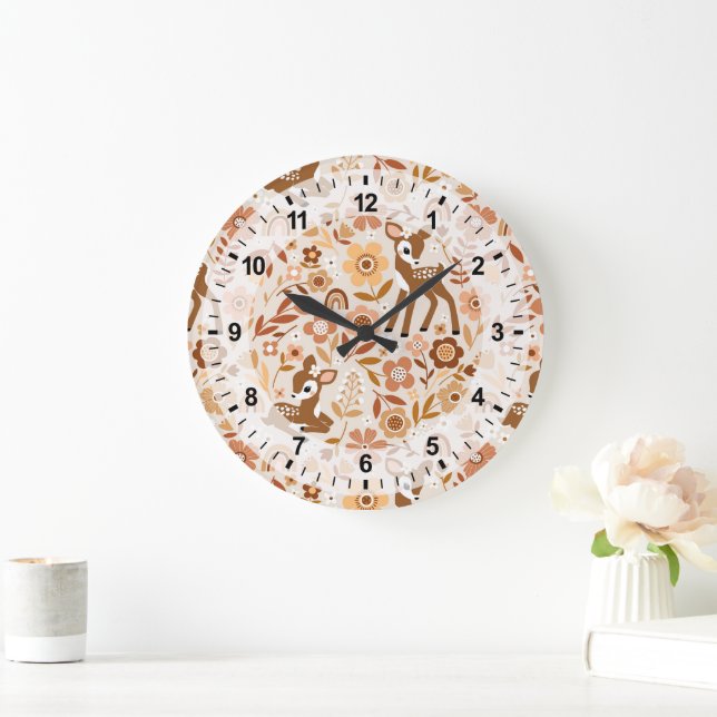 Cute Woodland Baby Deer Floral Pattern Large Clock (Home)