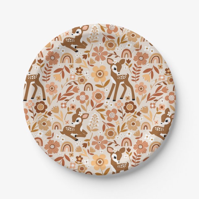Cute Woodland Baby Deer Floral Pattern Paper Plates (Front)
