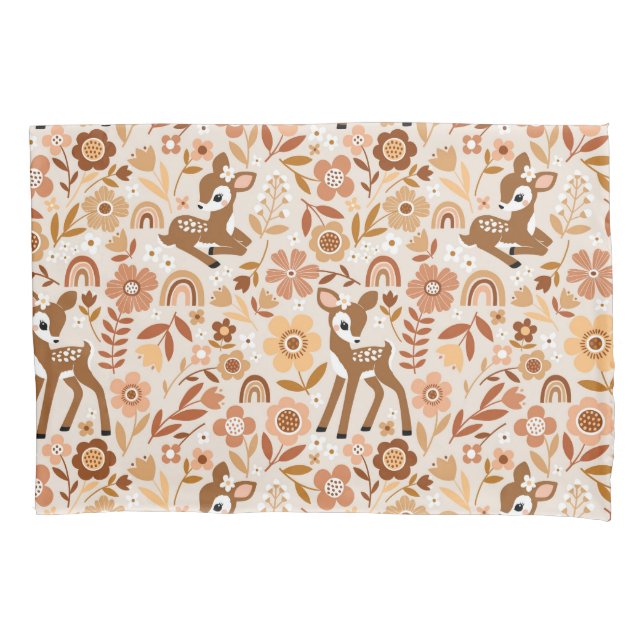 Cute Woodland Baby Deer Floral Pattern Pillow Case (Front)