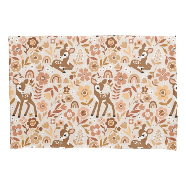 Cute Woodland Baby Deer Floral Pattern Pillow Case (Front)