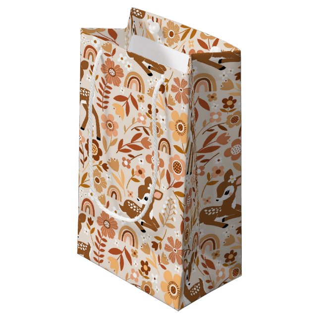 Cute Woodland Baby Deer Floral Pattern Small Gift Bag (Front Angled)