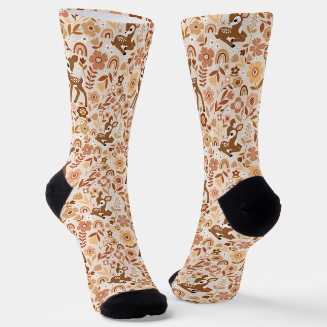Cute Woodland Baby Deer Floral Pattern Socks (Angled)
