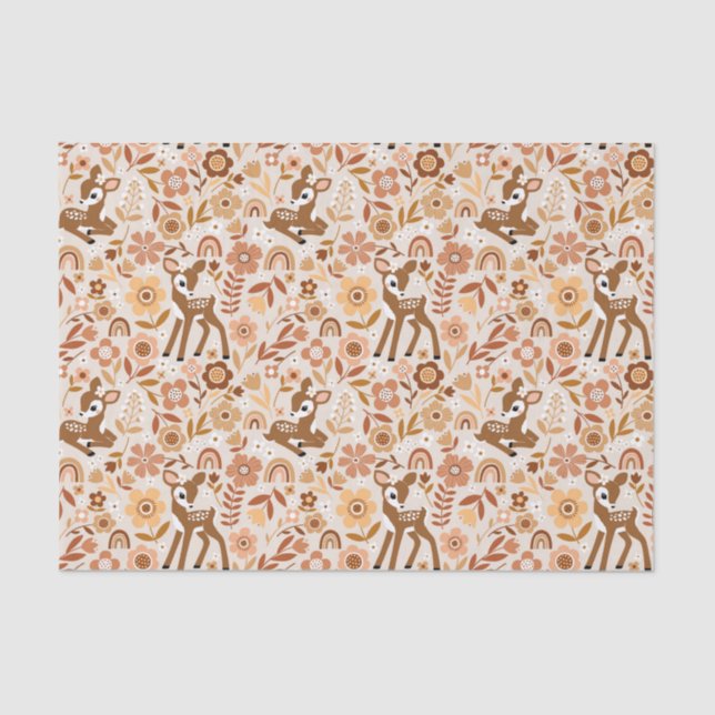 Cute Woodland Baby Deer Floral Pattern Tissue Paper (Front)