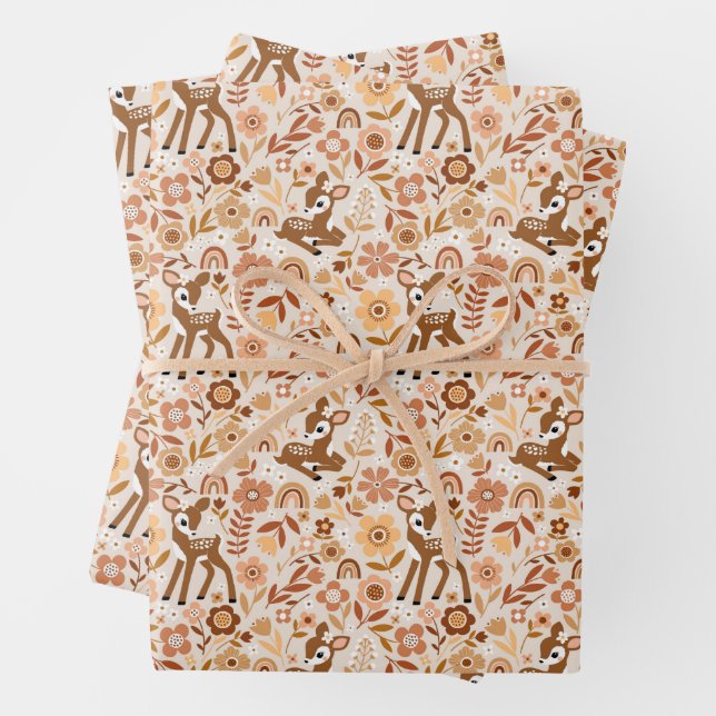 Cute Woodland Baby Deer Floral Pattern Wrapping Paper Sheets (In situ)
