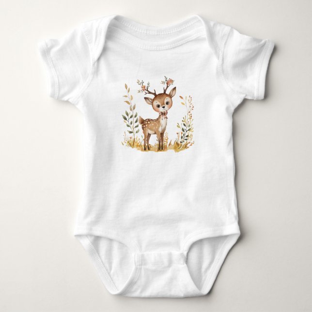 Cute Woodland Baby Deer Watercolor Illustration Bodysuit (Front)