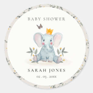 Cute Woodland Baby Elephant Foliage Baby Shower Classic Round Sticker