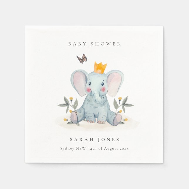Cute Woodland Baby Elephant Foliage Baby Shower  Napkins (Front)
