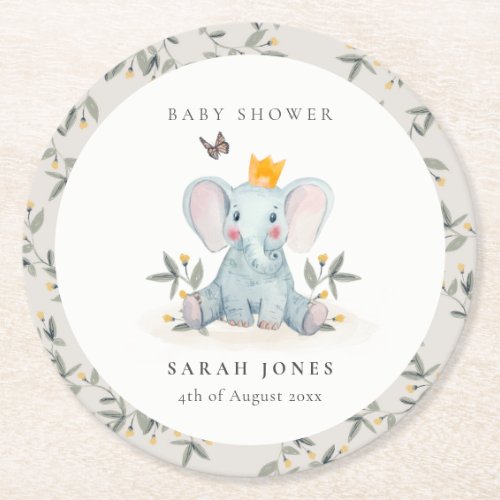 Cute Woodland Baby Elephant Foliage Baby Shower  Round Paper Coaster