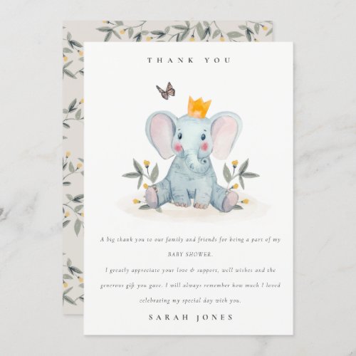 Cute Woodland Baby Elephant Foliage Baby Shower  Thank You Card